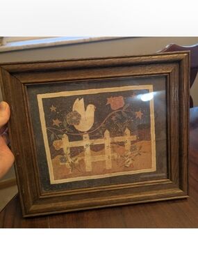 Primitive Folk Art White Dove On A Fence Framed Picture